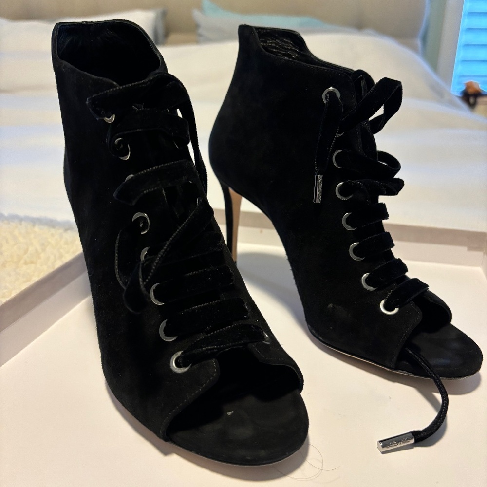 Jimmy Choo black velvet lace up boot heels